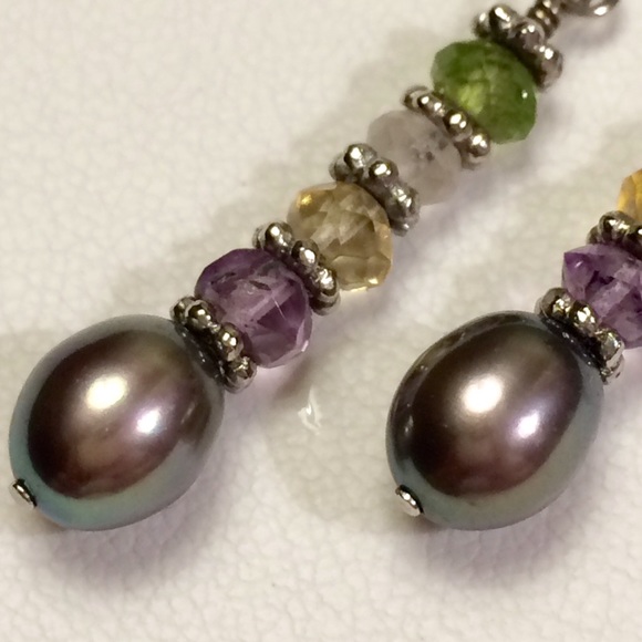 Gray Pearl, Crystal, & Sterling Dangle Earrings - Picture 4 of 7